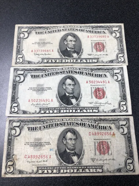 Three United States Notes $5 Dollars - 1953  , 1953B And 1963.