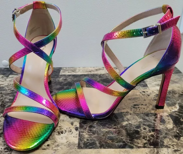 Rainbow Metallic Strappy Sandals Heels Ankle Strap Size 6 Snake Skin Pattern New