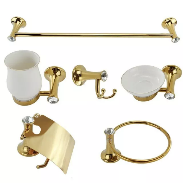 Set 6 Accessori Da Bagno In Acciaio Oro E Ceramica Bianca Cristalli In Acrilico