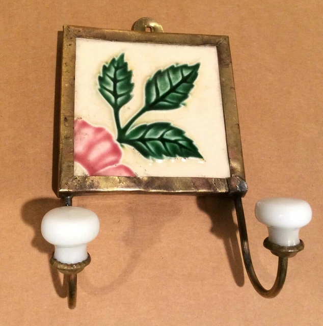 Japanese Tile and Brass Wall Hook, Vintage, Rose & Leaves