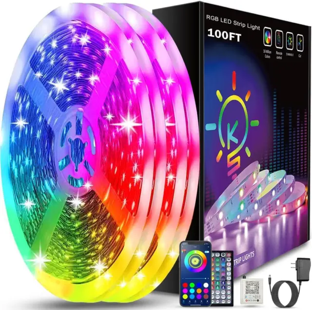100Ft Led Strip Lights Bluetooth Smart App Control Music Sync Color Changing RGB
