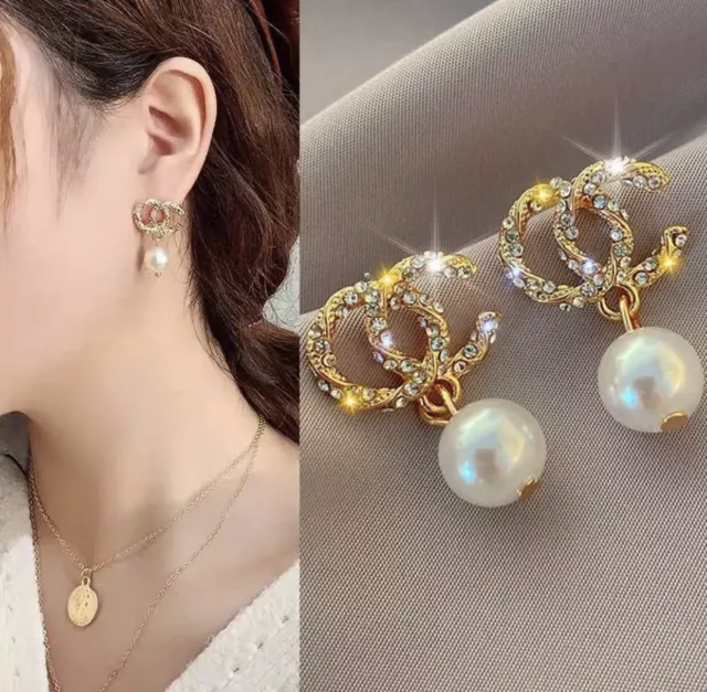 Beautiful Gold Pearl Drop Diamond Stud Earrings , Stunning Design