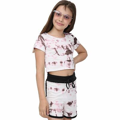 Kids Tie Dye Rust Crop Top & Shorts Set Active Wear Summer Girls Boys Age 5-13
