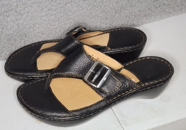 Born Women's Black Leather Buckle Thong Wedge Sandals Size 8