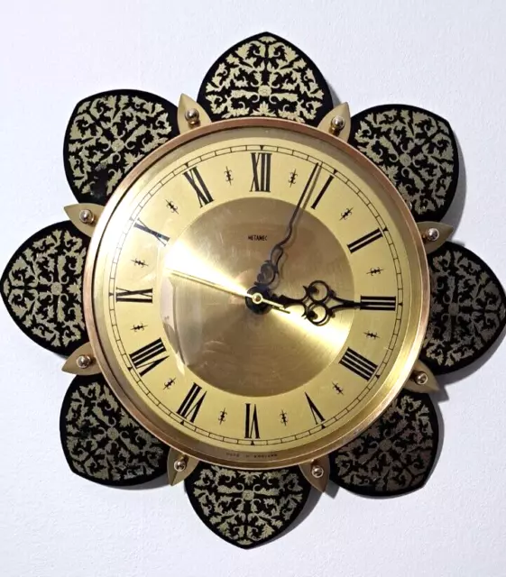 Stunning 50s 60s Metamec Wall clock Semi Sunburst Petals Gold Black Decoration