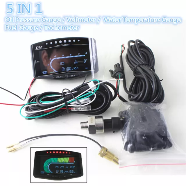 5In1 LCD Digital Auto Fahrzeug Öldruck + Volt + Wassertemperatur + Kraftstoff + Tacho Messgerät 2