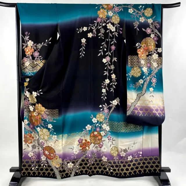 Japanese kimono SILK"FURISODE" long sleeves,Gld leaf, Yu-soku pattern,L5'5".3593