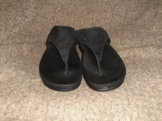FITFLOP-LULU Superglitz Black Shiny Thong Wedge Sandals-Sz 10-Excellent 3