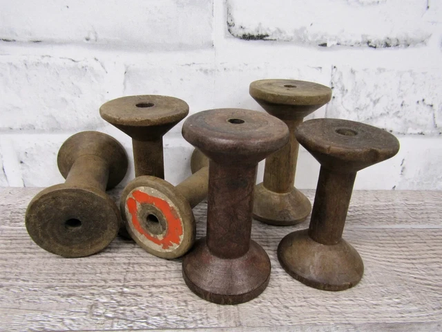 Set of 6 Antique Vintage 3″ Colored End Wooden Industrial Textile Bobbins Spools