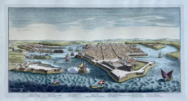 Rare Malta engraving, view of the entrance to the port / by Philippe Nicolas MILCENT, 1715
