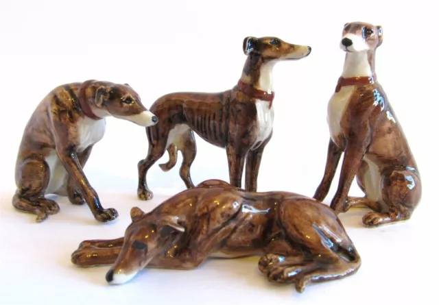 Miniature Porcelain Hand Painted Dog Figurine - Set/4 Greyhounds - Brown/Brindle