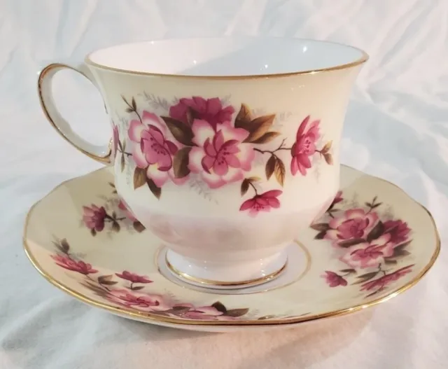 QUEEN ANNE BONE CHINA TEACUP & SAUCER Handpainted Porcelain Floral Design (#100)