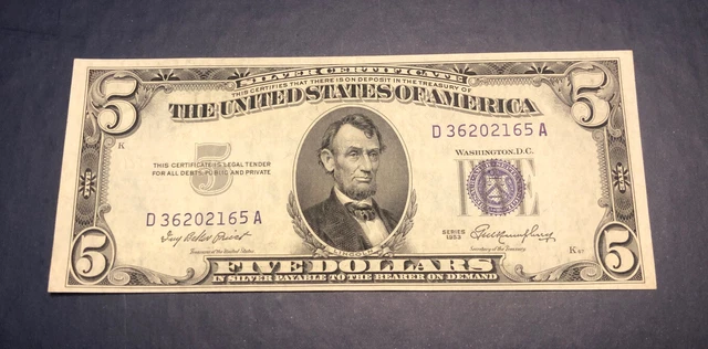 1953 Five Dollars Silver Certificate United States, Blue Seal $5