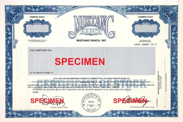 🔴 PERSONALIZED Mustang Ranch, Inc. Stock Certificate Novelty on Cardstock 🔴