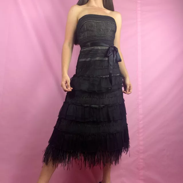 BCBGmaxazria Black Lace Tiered Ostrich Feather Strapless Dress Size 2