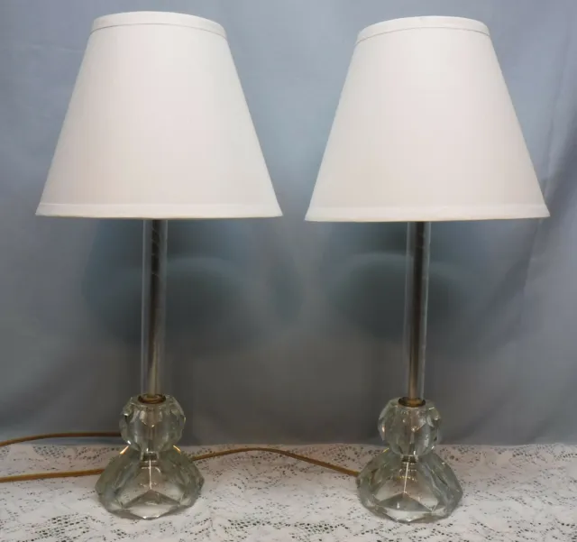 Pair Etched Glass Clear Floral 20” Vtg Mid Century Art Deco Boudoir Table Lamps