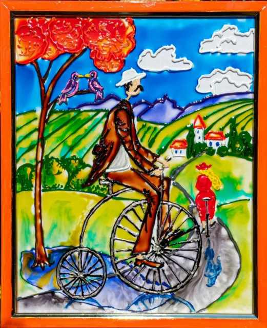 Stained glass panel Funny art Bicycles Colored landscape ORIGINAL HANDMADE
