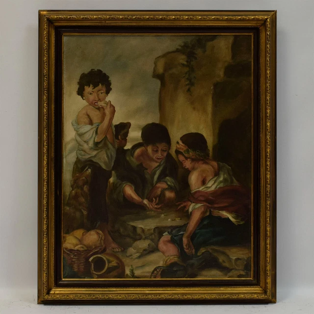 Vers 1950 Tableau ancien Mendiants jouant aux dés copie d'après Murillo 76x61 cm