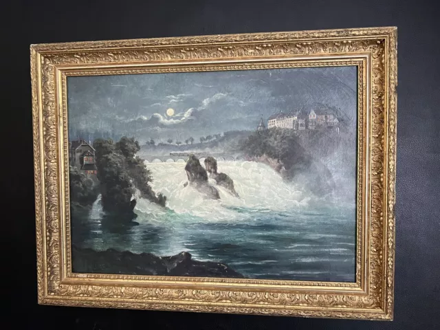 Antik alt Ölgemälde Ölbild Impressionismus Mond Nacht Schloss Lauffen Rheinfall