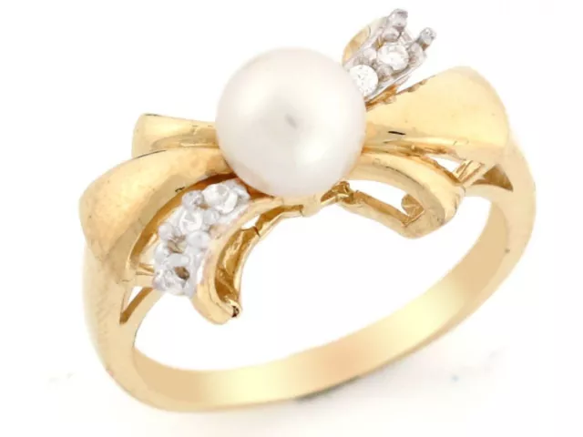 10k or 14k Solid Gold CZ & Freshwater Cultured Pearl Womens Bow Ring Jewelry