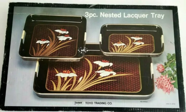 Toyo Trading Co. Asian Black Lacquer Nesting Trays Floral Set of 3 in Box Japan