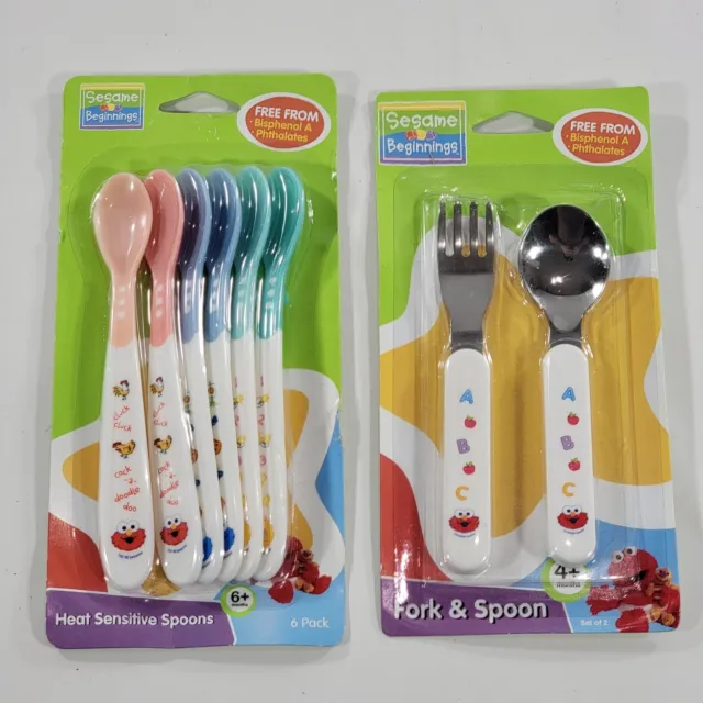 Sesame Street Beginnings 6 cucharas sensibles al calor + 2 juegos de tenedor y cucharas de utensilios