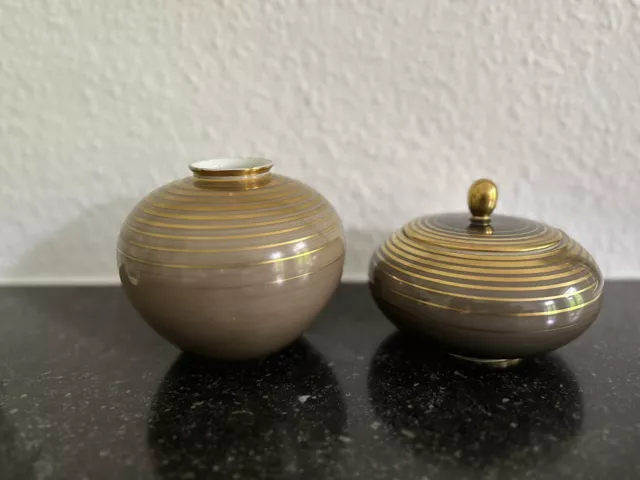 Art Deco Fürstenberg  Vase und Bonbonniere braun Goldringe um 1935 handbemalt