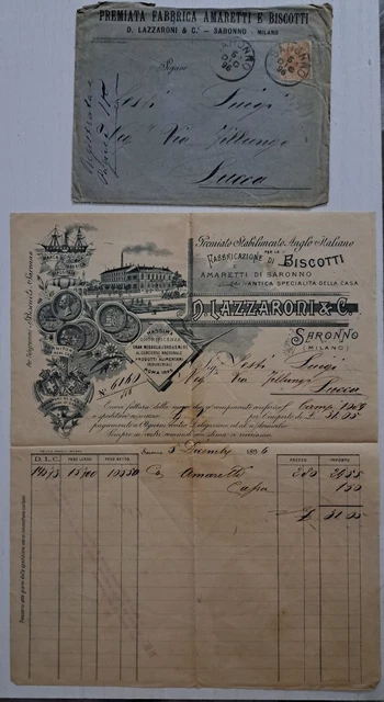 Rara 1896 Fattura Lazzaroni Amaretti e Biscotti Saronno Milano Storia Postale