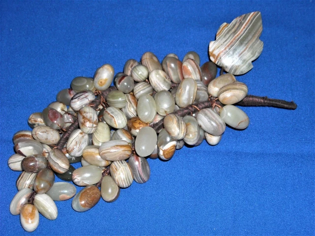 Beautiful 10"x4" Green Onyx Grape Bunch Stone Marble Decor With Leaf, 2 Stems
