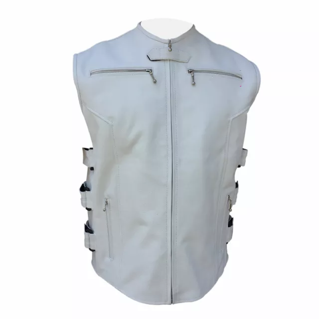 Uomo Stile Biker Gilet Vero pelle di Mucca Bianco Moto Gilet