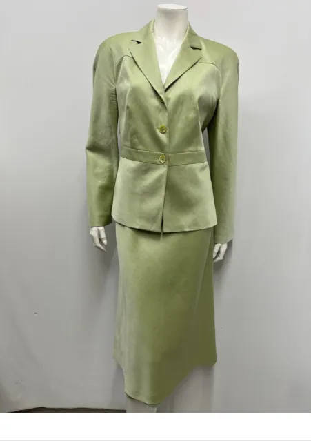 Carolina Herrera Womens Sz 42 Green Silk Blend 3-Button Blazer Jacket Skirt Suit