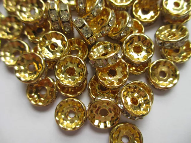 100 Rhinestone Gold Plated Rondelle Spacers Crystal Beads-Available in 3 Sizes