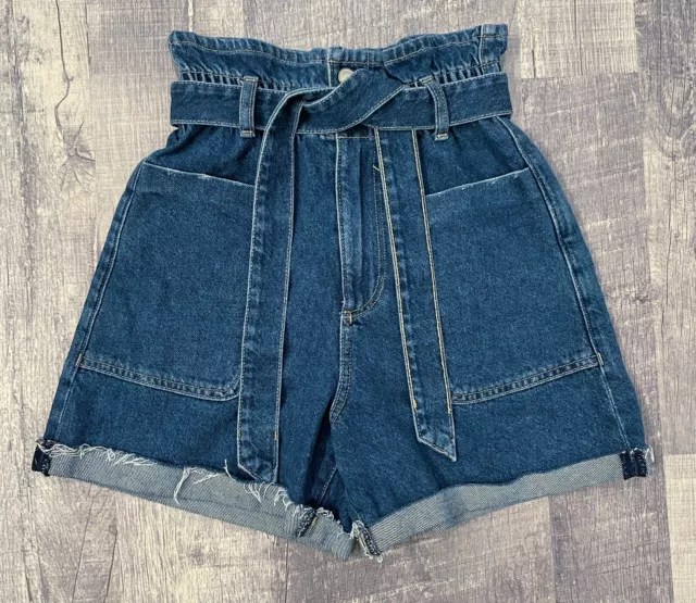 Zara High Waisted Belted Paperbag Jean Shorts Cut Offs Size 0