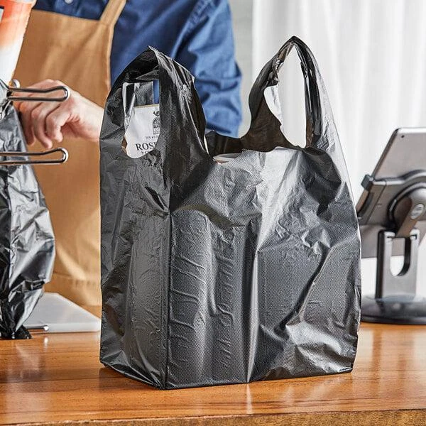 (500/Case)1/6 Size .67 Mil Black Embossed Heavy-Duty Plastic Grocery T-Shirt Bag