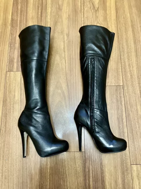 TOPSHOP BLACK HIGH Knee Leather Platform Boots Size 7 EU40 £15.00 ...