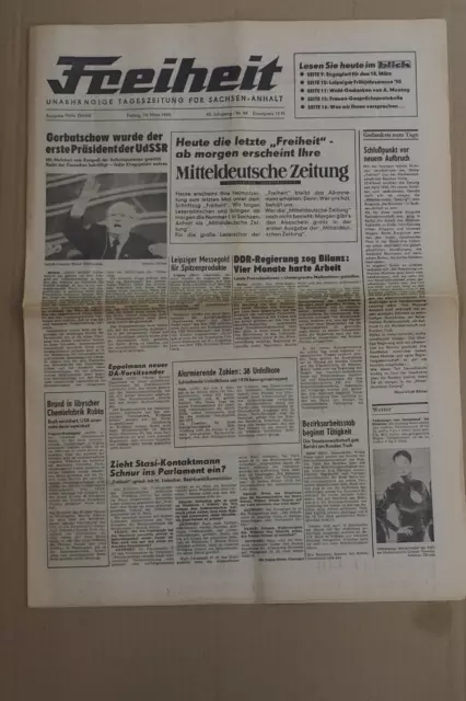 Historisch DDR - Zeitschrift Tageszeitung - "Freiheit" Halle/Saale 16. Mär. 1990