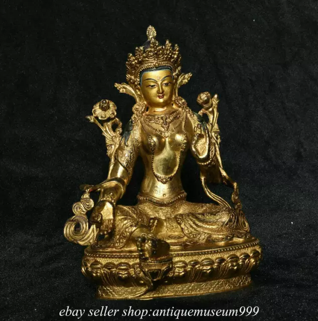 8.4'' Ancient Tibet Buddhism Bronze Gilt Green Tara Enlightenment Goddess Statue