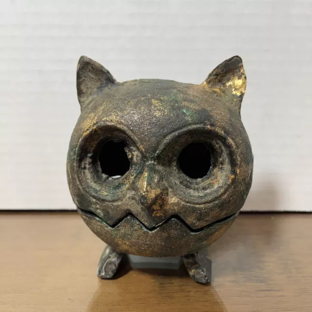 Japanese Hand Cast Iron Owl Lantern Candle Holder Incense Burner Brutalist Style