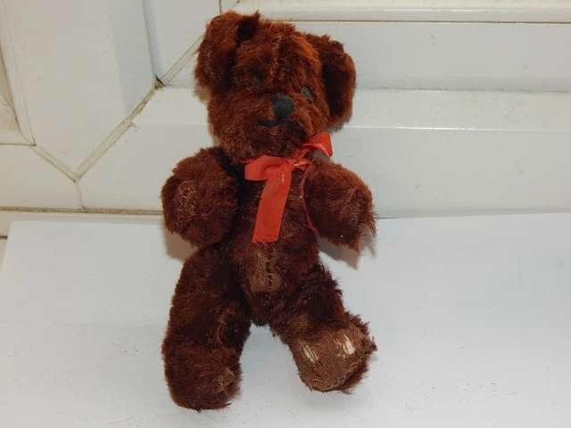 VINTAGE POST WAR BROWN MOHAIR PLUSH? SMALL JOINTED TEDDY BEAR H 14.5 cm