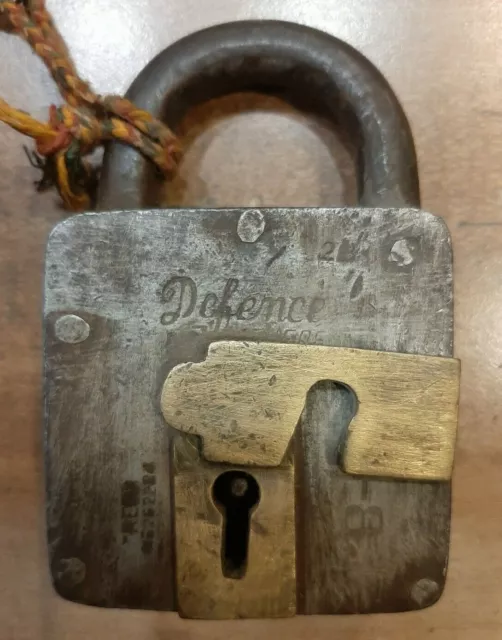 Antique Old Iron Defence B-8 Brass Work Lock With Iron Key Padlock 2