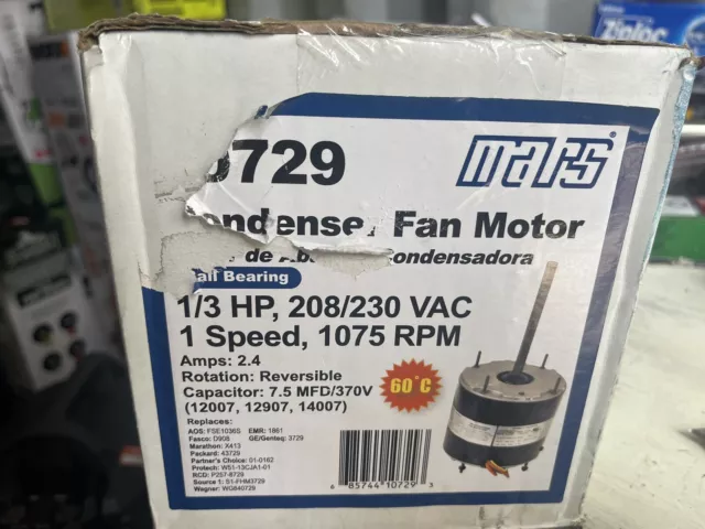 MARS 10729 (GP3729, EM-3729) Condenser Fan Motor, 1/3 HP, 208-230V, 1075 RPM