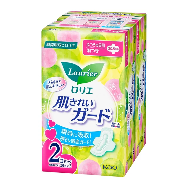 Protector de limpieza de piel KAO Laurier almohadilla sanitaria ala flujo regular 20,5 cm 20 almohadillas x2