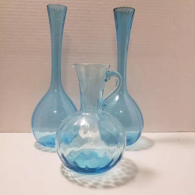 Light Blue Optic Swirl Hand Blown Glass Pitcher & 2 10" Bulb Vases Sweden