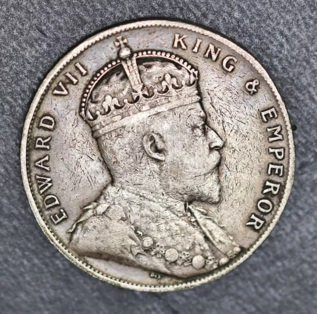 1908 Straits Settlements British Malaysia 1 Dollar Edward VII .900 Silver Coin
