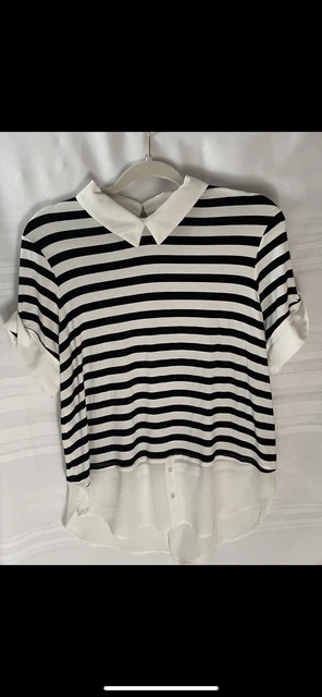 ELLE Black & White Stripe Collared Short Sleeve Blouse /Top Women's Large