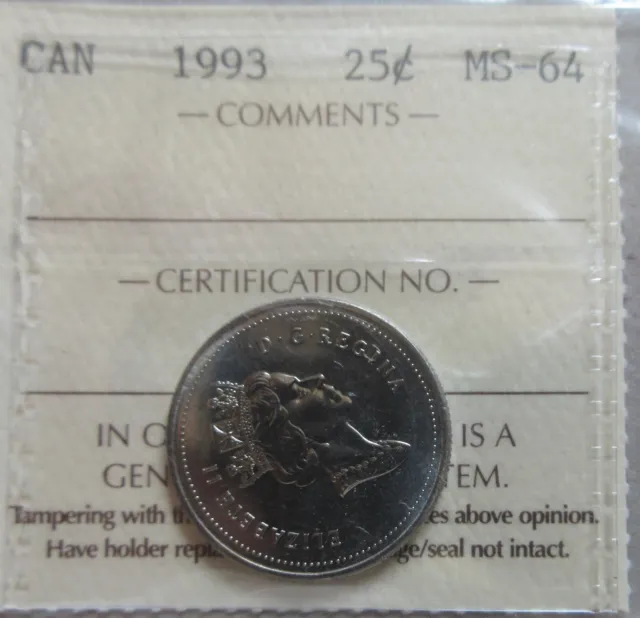 1993 Canada Twenty-Five Cents Coin ICCS MS 64 Quarter UNC 25 Cents