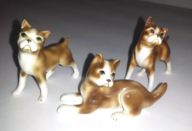 Lot of 3 BULLDOGS Puppies Figurines~ Head Tilt Standing + Down~ Vtg Porcelain