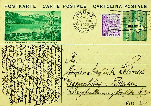 SWITZERLAND 1935 10h UPRATED ON 10h PS CARD FROM BERN TO BAYERN GERMANY