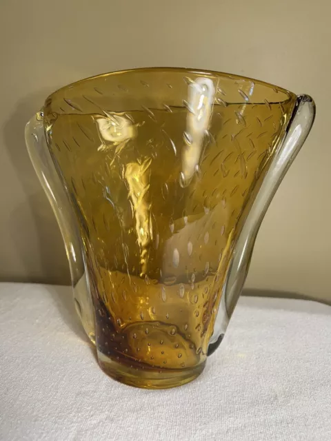 VTG Hand Blown Amber Controlled Bubble Vase Applied Clear Handles Asymmetric 9”
