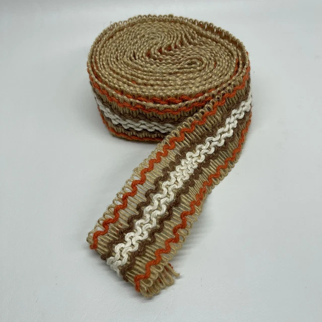 Vtg 60s 70s Fabric Trim Upholstery Curtains Brown Orange White 2” Wide, 4 Yards